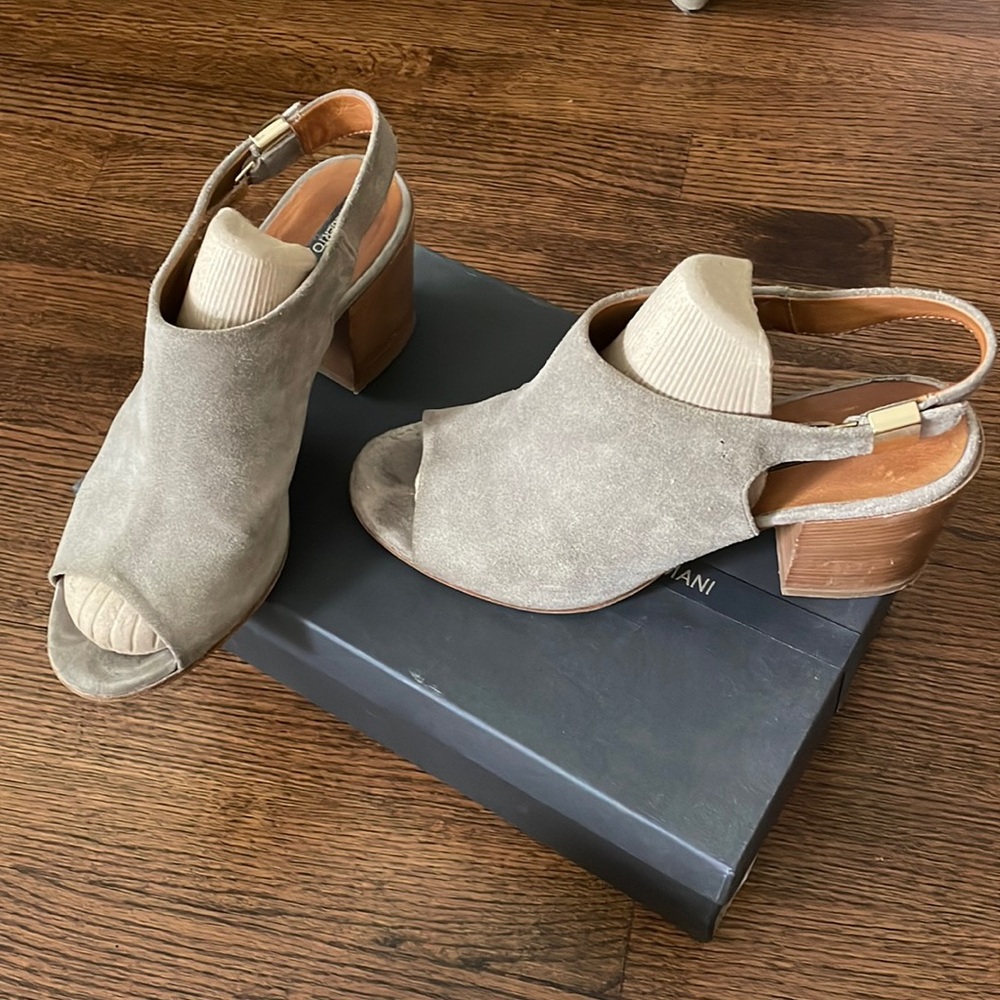 Peep toe suede sling back booties